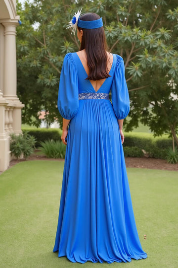 Sparkly Blue A Line Chiffon V Neck Long Mother of the Bride Dress with Sleeves
